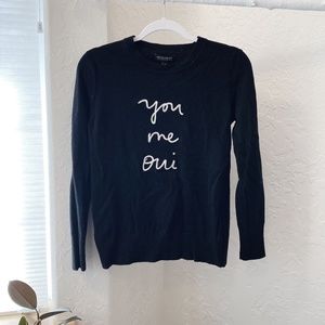 French Words Italian Merino Wool Blend Black Crew Neck Sweater